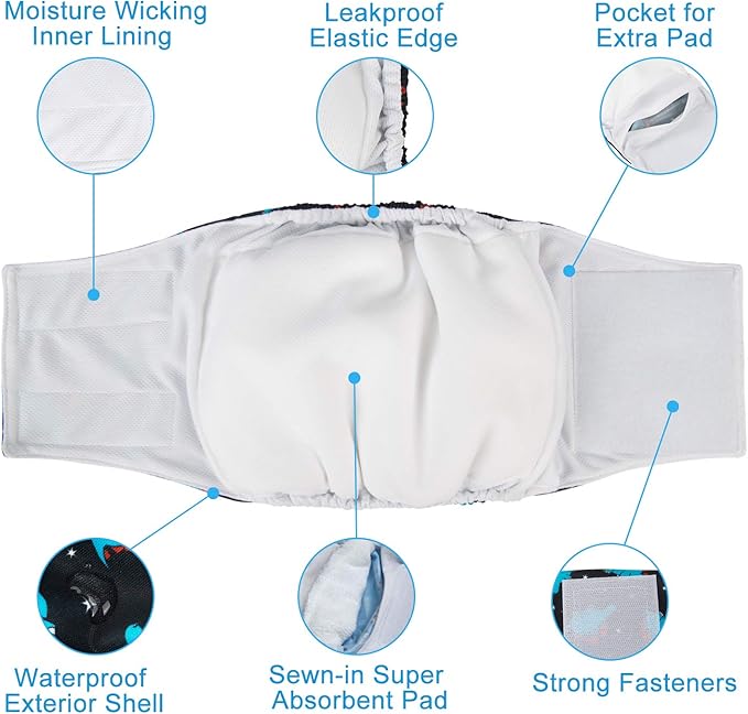CuteBone Dog Diapers Male Belly Bands 3 Pack for Male Dogs Reusable Puppy Wraps DM66M