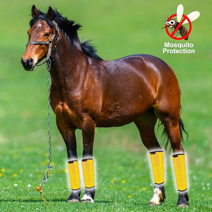 FOXLVDA Horse Fly Boots - Fly Boots for Horses Set of 4, Comfortable Horse Leggings, Mesh Material Design with Metal Support Bars for Reduces Stomping & Leg Fatigue (Yellow, Medium)