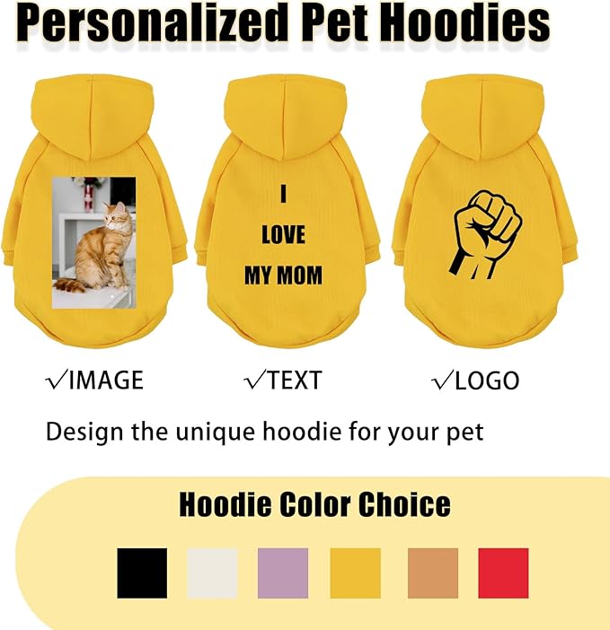 Custom Dog Hoodie, Personalized Sweatshirt with Photo Text Name Logo, Customized Hooded Sweater for Small Medium Large Dogs & Cats (Yellow, XXX-Large)