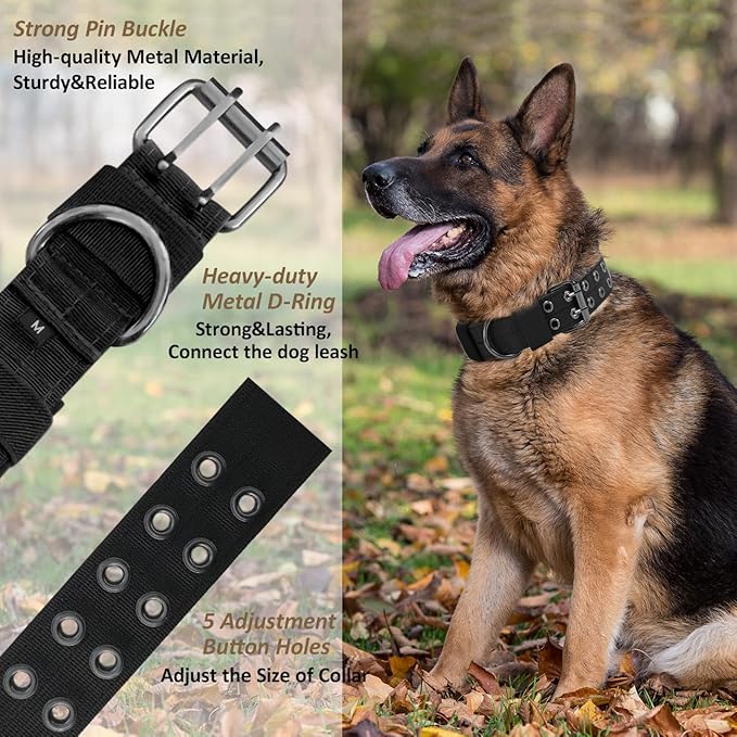 Tactical Dog Collar Military Adjustable Dog Collars Soft Nylon Training Collar with Patch Heavy Duty Metal Buckle Collars for Medium Large Dogs (Green, L)