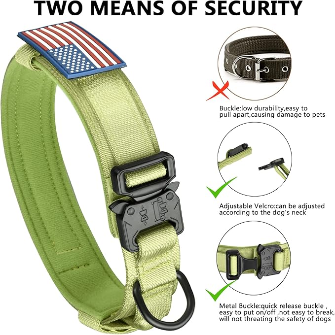 DAGANXI Tactical Dog Collar, Adjustable Military Training Nylon Dog Collar with Control Handle and Heavy Metal Buckle for Medium and Large Dogs, with Patches and Airtags Case (XL, Spring Grass)