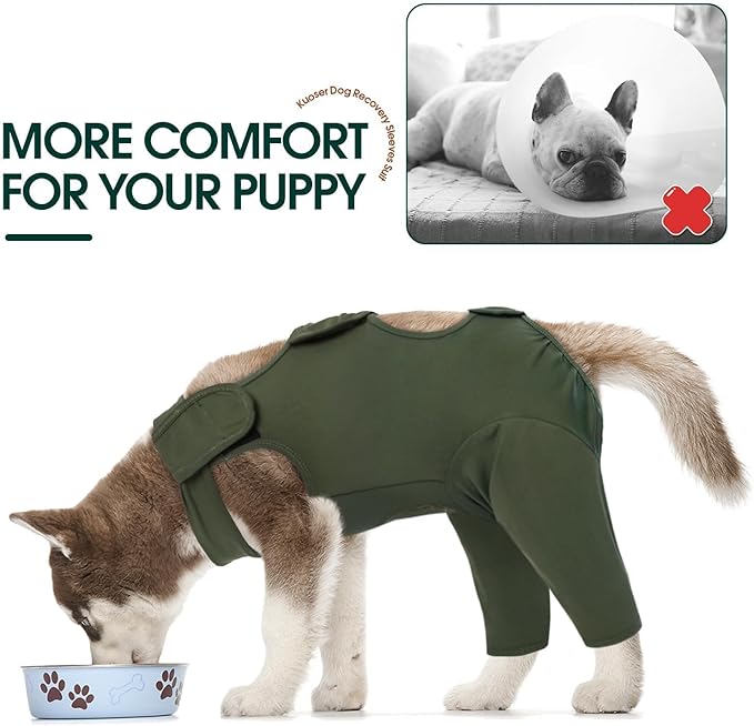 Kuoser Thigh Wound Protective Sleeve for Dogs, Dog Surgery Recovery Suit for Rear Legs, Dog Recovery Sleeve for Female Male Dogs, Dog Onesie After Surgery Pet Surgical Suit for Spay Neuter, Green L