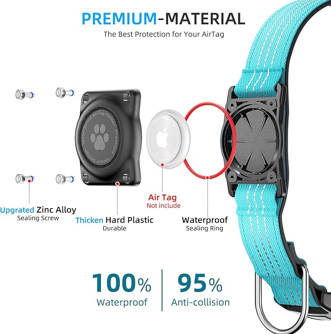 Upgraded AirTag Dog Collar, IP68 Waterproof Air Tag Dog Collar Holder, Reflective, Ultra-Durable, Comfortable Padded, Heavy Duty Dog Collars for Small Medium Large Dogs (L (14.8"-20.3"), Blue)