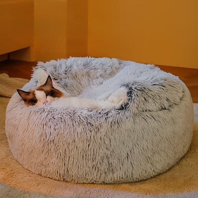 Plush Fluffy Dog and Cats Round Bed – Ultra-Soft Faux Fur Pet Shell Nest with Raised Bolster Edge, Self-Warming Calming Nest for Small to Large Pets (Gray, Medium（20“）)