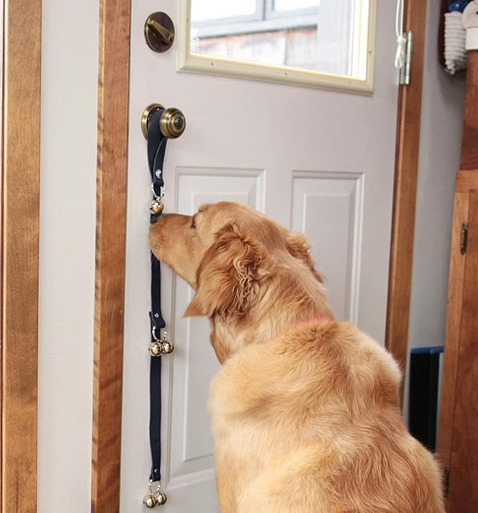 Leather Dog Doorbells for Door Knob/Potty Training/Go Outside, Length Adjustment Copper Dog Bell, Housetraining Hanging Bell, Black Leather Golden Bells.