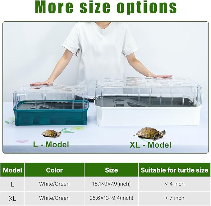 Turtle Habitat Spacious Turtle Tank Kit with Rain Shower Filter SPA & Easy Drain - Perfect for Baby Turtles, Red Eared Sliders Tortoises Green, 18.2×9.2×8 Inch