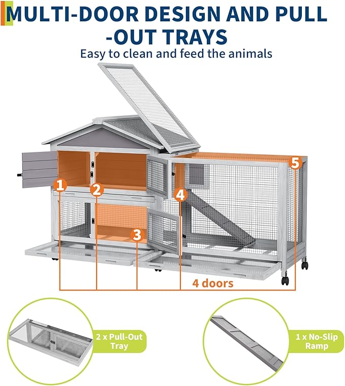 Bunny Cage with Weatherproof Roof, Rabbit Cage with 6 Lockable Caster Wheels & Pull-Out Tray, Rabbit Hutch for Indoor Outdoor Use, Grey（63.2" l x 22.4" w x 37"）