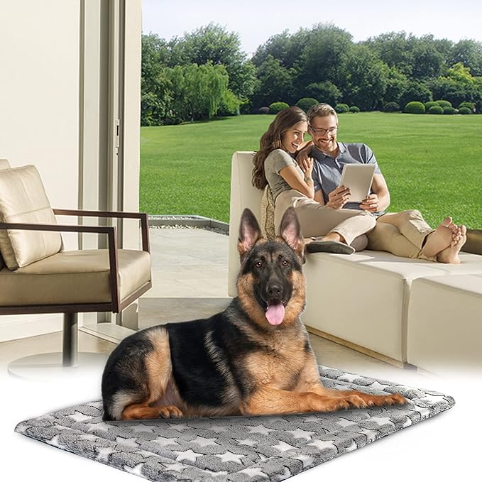 KROSER Fancy Crate Pad Bed Mat Reversible (Cool & Warm), Machine Washable, for Small to XXX-Large Dogs, Grey, Navy, Star Pattern