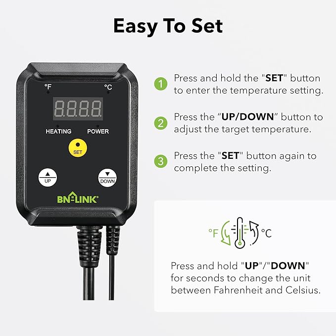 BN-LINK Reptile Thermostat Temperature Controller, Digital Heat Mat Thermostat for Seed Starting, Plant Germination, Greenhouse, Incubator, Brooder, Brewing, Reptiles Tank,40-108°F, 1000W, ETL Listed