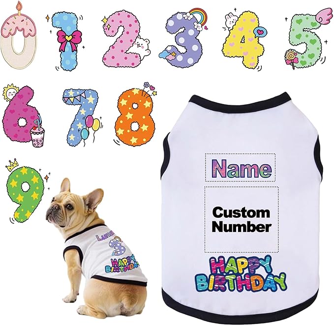 Custom Dog Birthday Shirt,Personalized Pet Apparel Print with Name Age Number,Pet Birthday Outfit,Lightweight Breathable Cotton Vest for Small Medium Large Dogs Cat (White + Black Border, Large)
