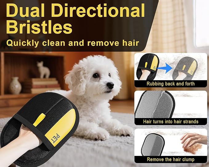2Pcs Electrostatic Gloves Pet Hair Removal, Reusable Cat & Dog Hair Remover for Couch, Furniture, Carpet, Curtain, Upgraded Animal Fur Removal Tool, Cat Grooming Gloves
