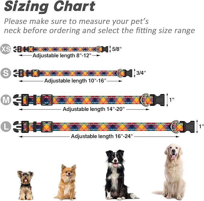 Reflective Dog Collar for Extra Small Dogs, Cute Boho Adjustable Heavy-Duty Nylon Puppy Collar for Boy and Girl Female, Soft Pet Accessories with Quick Release Buckle, Colorful Tartan