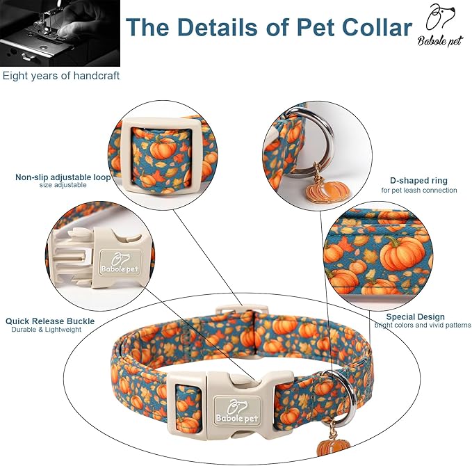 Fall Dog Collar Cute Autumn Pumpkin Puppy Collar - Light Comfortable Adjustable Pet Collars for Small Medium Large Girl Boy Dogs L