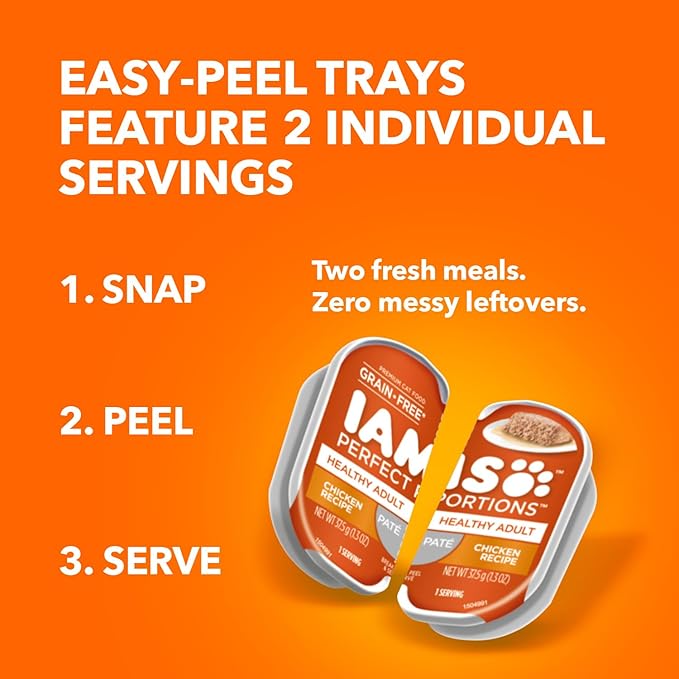 IAMS Perfect Portions Healthy Kitten Grain Free Wet Cat Food Pate, Chicken Recipe, 2.6 oz. Easy Peel Twin-Pack Trays (24 Count, 48 Servings)