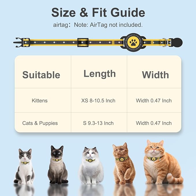Airtag Cat Collar Breakaway, Reflective Cat Collar with AirTag Holder and Bell, Compatible with Apple Air Tag, Comfortable Padding, Adjustable, Durable (Yellow, S)