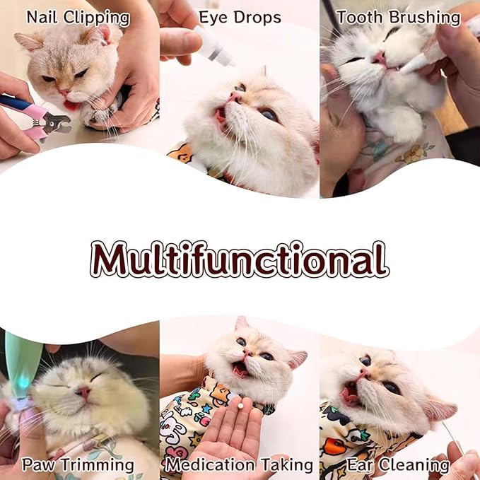 Cat Grooming Wrap – Self-Adherent Anti-Scratch Swaddle Restraint Bag for Nail Cutting, Medication, Multifunctional Care - Calm Cozy Burrito Papoose Pet Magic Blanket (31.5*31.5inches within 22lbs)