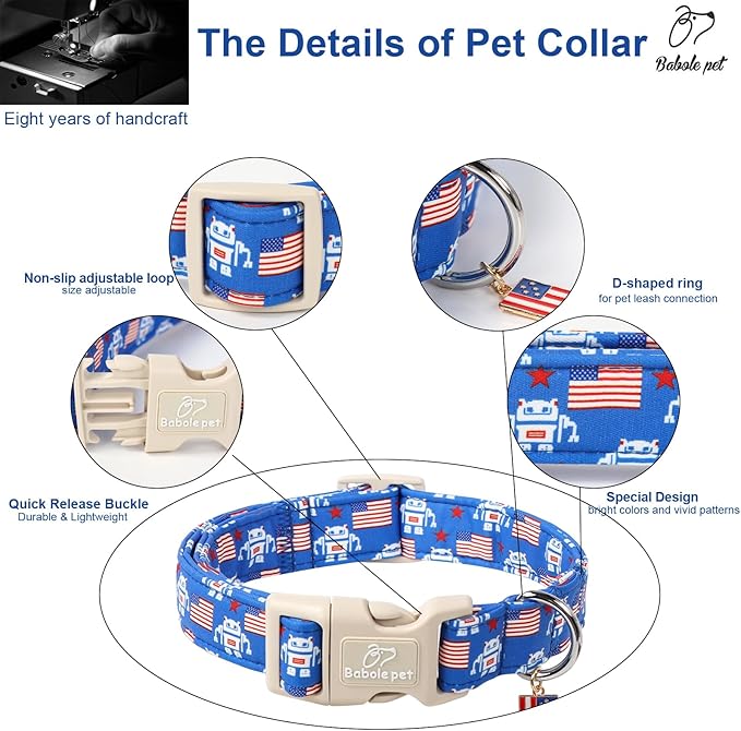 4th of July Dog Collar, Robot Star-Spangled Patriotic Dog Collars for Medium Dogs, Adjustable Lightweight Quick-Release Buckle Collar for Boy&Girl Dogs M