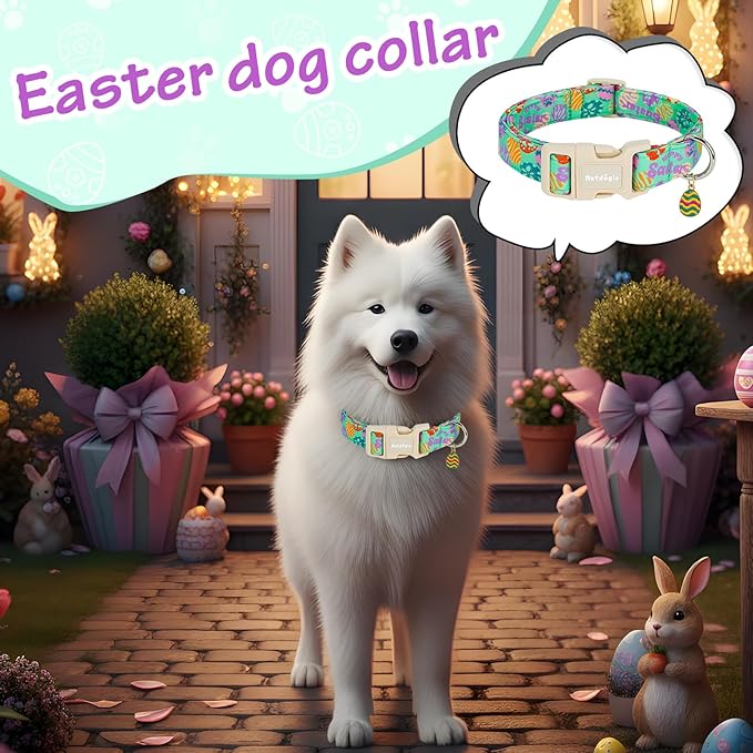 Easter Dog Collar for Large Dogs, Adjustable Green Large Dog Collar with Colorful Eggs Pattern, Cute Easter Dog Collars Girl Boy Collar for Dogs -L