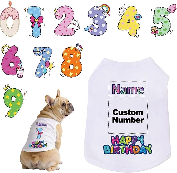Custom Dog Birthday Shirt,Personalized Pet Apparel Print with Name Age Number,Pet Birthday Outfit,Lightweight Breathable Cotton Vest for Small Medium Large Dogs Cat (White, X-Small)