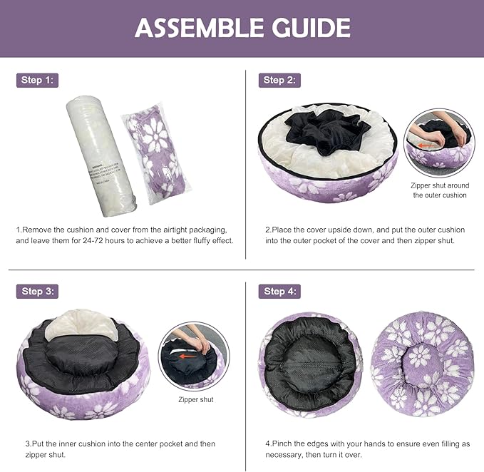 Donut Dog Beds for Small Dogs, Calming Round Cat Beds for Indoor Cats, Cute 3D Textured Flower Pet Bed with Removable Washable Cover and Anti-Slip Bottom（Purple，20"）