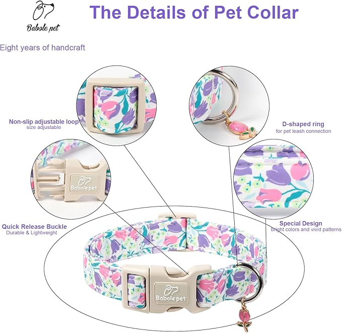 Floral Dog Collar for Small Dogs - Pink Purple Tulips Print Dog Collars, Spring Summer Cute Flower Puppy Collar, Lightweight Adjustable April Holiday Boy Girl Dogs Collars S