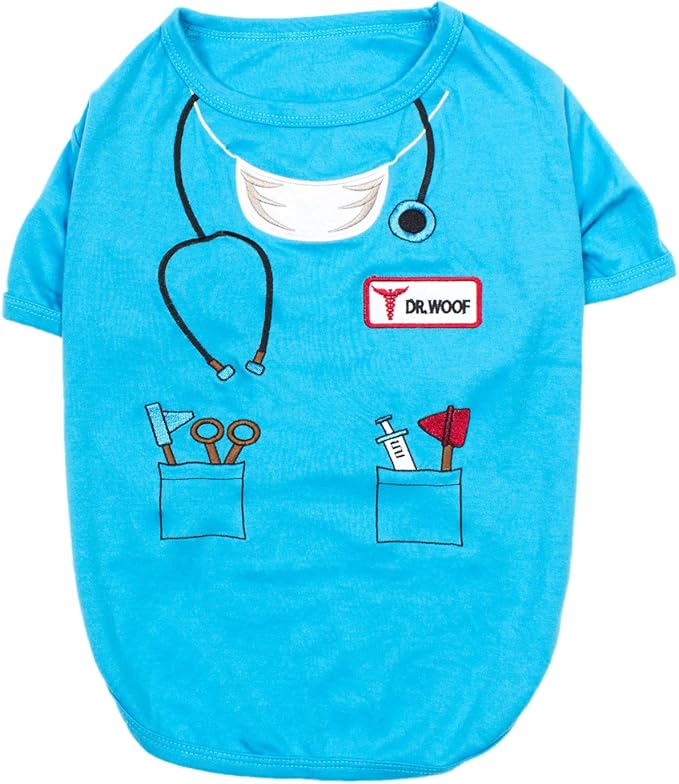 Parisian Pet Doctor Woof Dog Shirt - Embroidered Dog Pirate Costume - 100% Cotton & Polyester Doctor Outfit for Dog - Sleeved Dog Clothes - Blue Dog Shirts for Medium-Sized Dogs - Pet Costumes - M