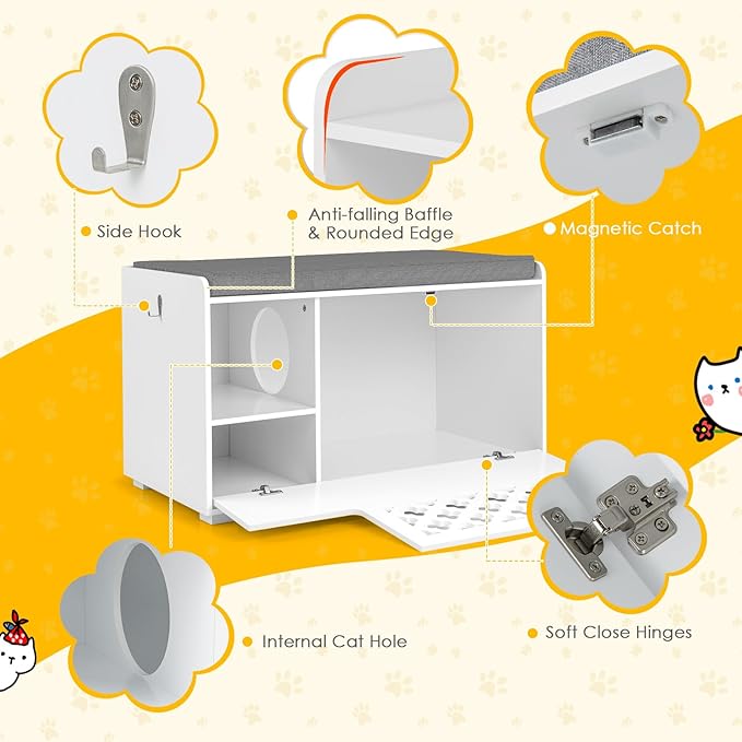 Tangkula Cat Litter Box Enclosure, Hidden Litter Box with Removable Cushion & Flip-Down Opening, Multifunctional Storage Cabinet Bench, Modern Litter Box Furniture Fits Most Litter Box (White)