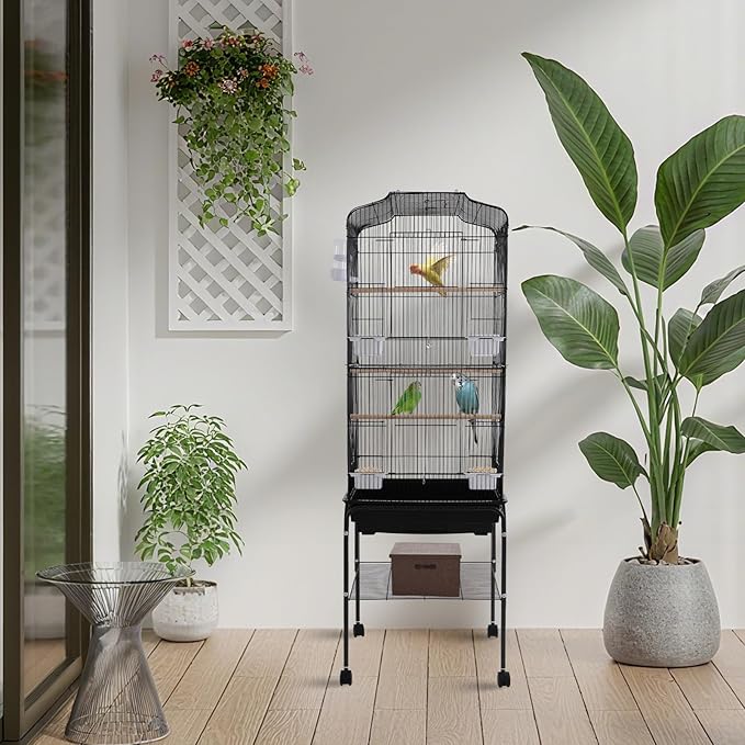 Bird Cage with Universal Wheels, Freestanding Parakeet Birdcage, Large Iron Flight Bird Cages 360° Full Hollow Design Pigeons Parrot, 18x15x54 Inch, with Feeding Bowls, Waterer (Black)