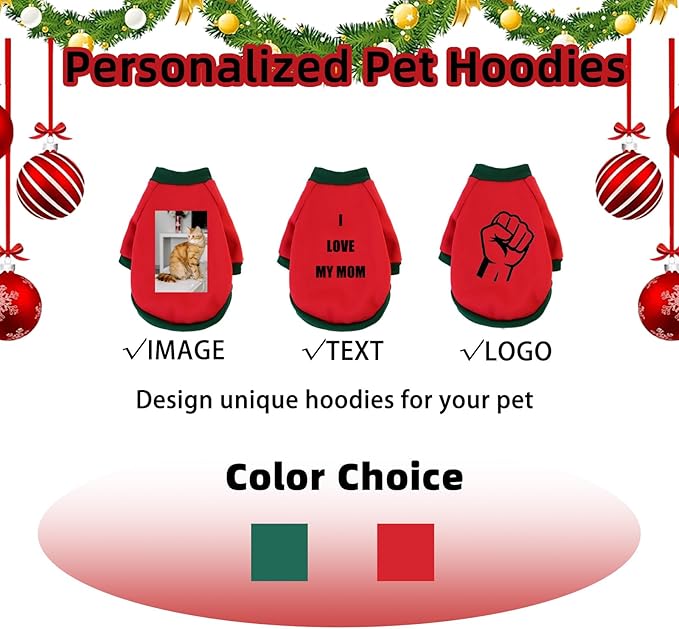 Custom Dog Hoodie, Personalized Sweatshirt with Photo Text Name Logo, Customized Hooded Sweater for Small Medium Large Dogs & Cats (Red + Green Sleeves, X-Large)