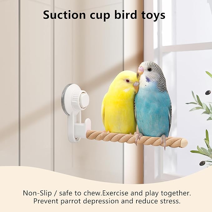 Suction Cup Bird Perch,Natural Wood Parrot Window/Bath/Car/Travel/Shower Perches Stand Portable Parakeet Grinding Stick Training Toys for Small and Medium Birds(Twist Grain)
