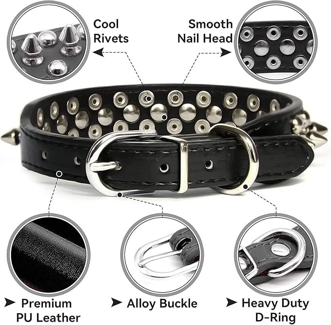 Spiked Dog Collar Soft Pu Leather Mushrooms Rivet Spike Studded Puppy Adjustable Pet Collars for Small Breeds (S, Brown)