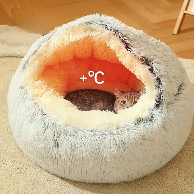 Plush Fluffy Dog and Cats Round Bed – Ultra-Soft Faux Fur Pet Shell Nest with Raised Bolster Edge, Self-Warming Calming Nest for Small to Large Pets (Gray, Medium（20“）)