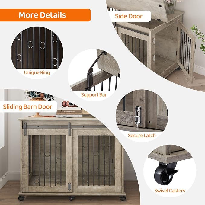 IchbinGo Large Dog Crate Furniture with Sliding Barn Door, 43.7" Wooden Dog Kennel End Table with Wheels and Flip-top Plate Dog House with Detachable Divider for Small/Medium/Large Dog (Rustic Grey)