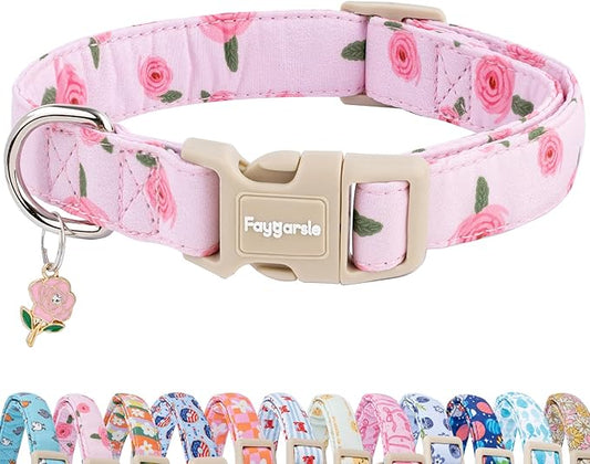 Faygarsle Pink Floral Dog Collar with Roses Pattern, Spring Summer Design for Small Medium Large Dogs M