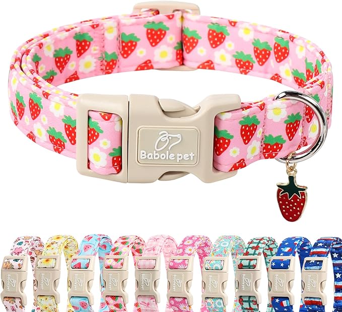 Cute Spring/Summer Dog Collar, Adjustable Pink Strawberry Dog Collars for Small Dogs, Lightweight Quick-Release Buckle Collar for Boy&Girl Dogs S