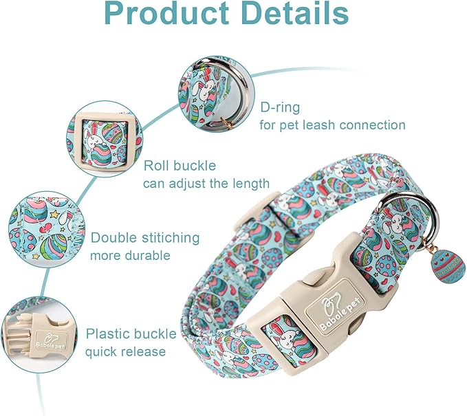 Easter Dog Collar for Medium Dogs - Blue Sleepy Bunny Egg Easter Collars for Boy Girl Dogs, Adjustable Spring Holiday Pet Collars with Quick Release Buckle M