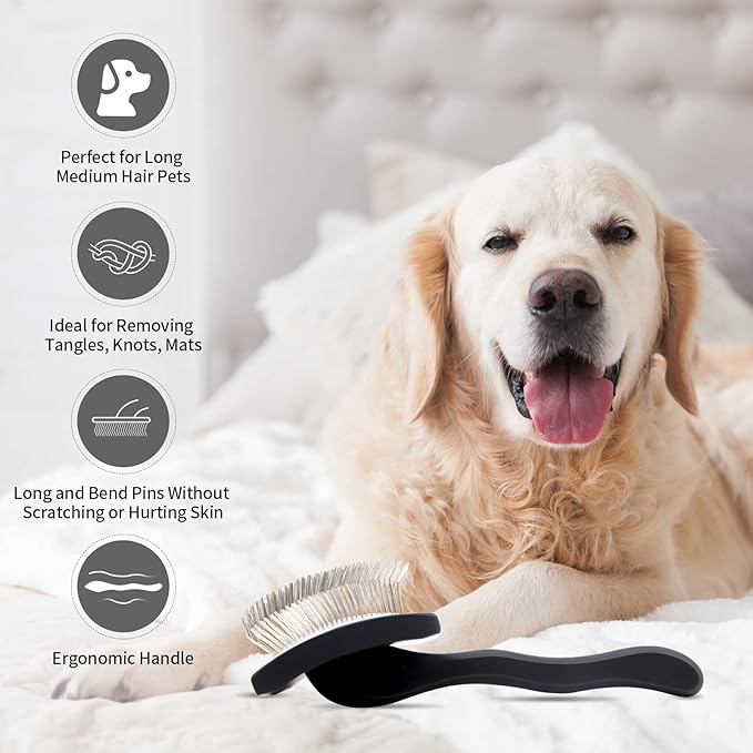 Dog Slicker Brush for Shedding and Grooming Medium or Long Haired Cats, Extra Long & Soft Pin Slicker Brush for Removes Loose Hair, Tangles, Knots, Undercoat, Free Pet Comb, Large Black