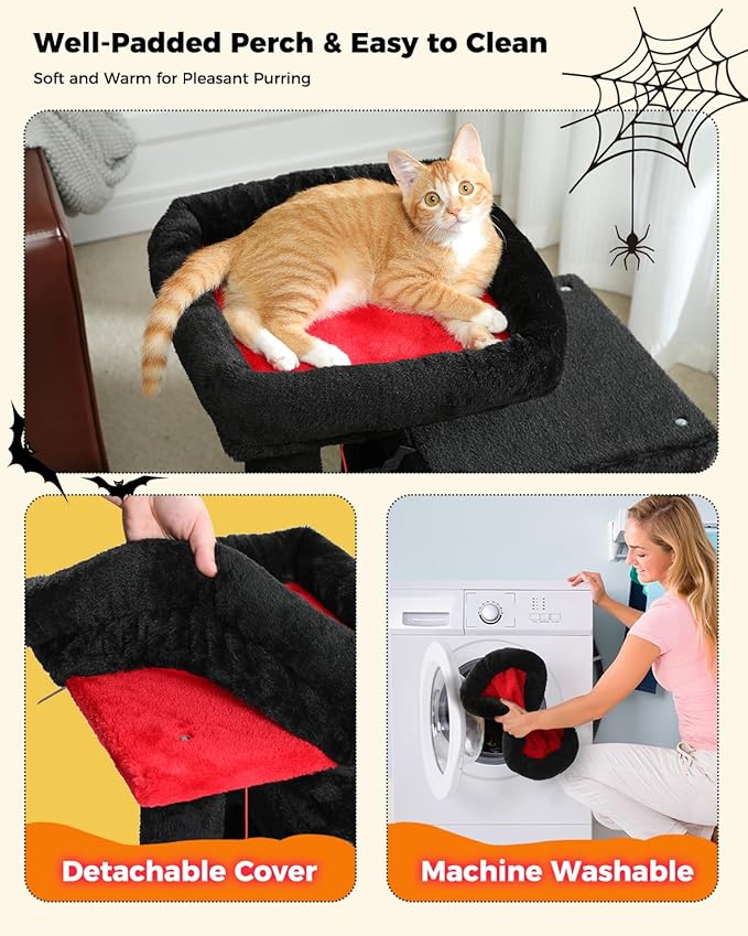 PAWZ Road Gothic Cat Tree, 30 Inches Black Cat Tower with Dual Condos for Indoor Cats, Spooky Cat House with Padded Perch, Scratching Ramp and Posts and Bat Toys