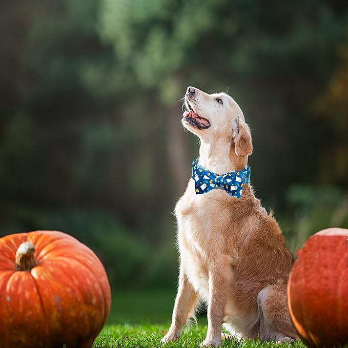 Halloween Dog Collar, Ghost Print Adjustable Pet Collar Blue Cute Cotton Soft Collars with Bow Tie Fall Metal Buckle Holiday Puppy Collars Boy&Girl Gift for X-Small Dogs
