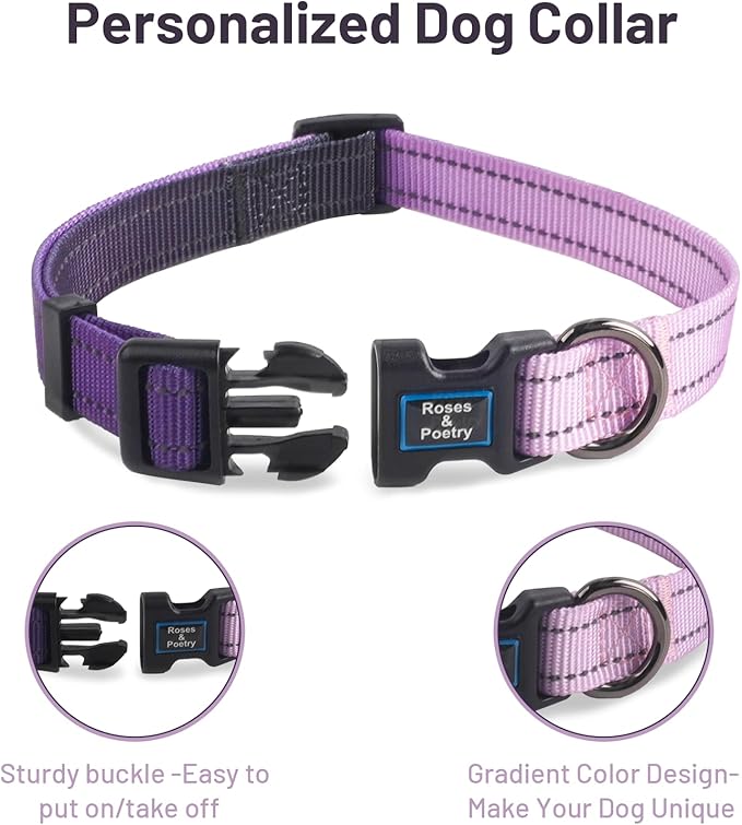 Roses&Poetry Small Dog Collar, Adjustable Reflective Puppy Collars Durable Pet Collars for Small Medium Large Dogs(Lightpurple-S)