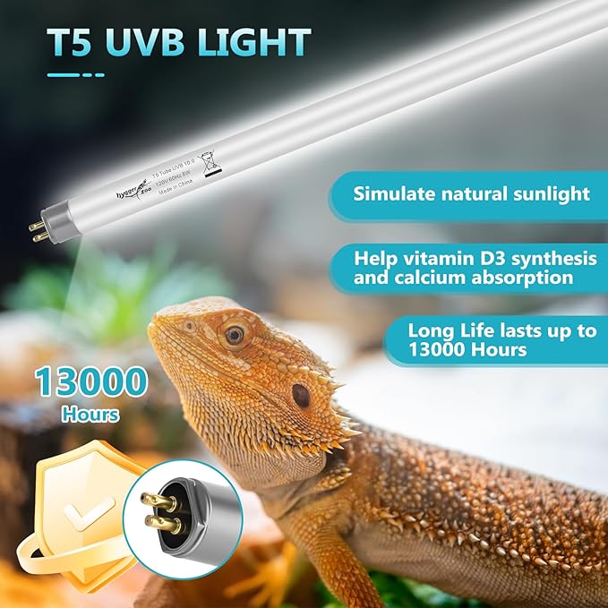 T5 UVB Reptile Light 24W 10.0 + UVA Light Bulb for Reptiles, 2-Pack Lamp Tube for Bearded Dragon, Desert-Grade Reptile UVB lamp Fixture