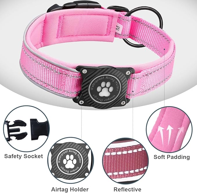 Airtag Dog Collar with Waterproof Air Tag Holder, Luminous Reflective, Soft Padded, Adjustable Nylon Pet Collar for Small Medium Large Heavy Duty Dogs,Pink, L