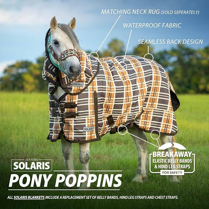 Jeffers Pony Poppins Solaris 1200 Denier Turnout Blanket Brown & Cream Plaid 45" - Waterproof, Breathable Horse Blanket with 0 gram Polyfill, No Insulation, Ideal Protection for Wind & Rain,