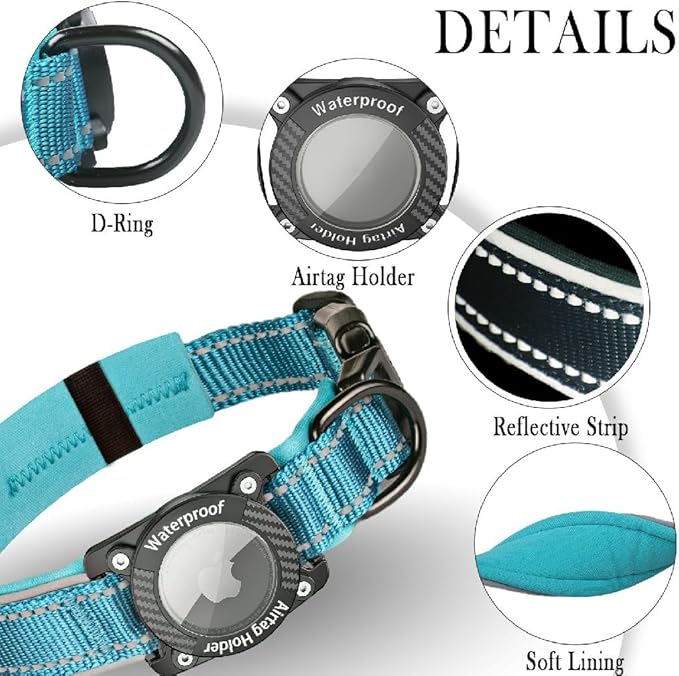 Upgraded AirTag Dog Collar, IP68 Waterproof Dog Collar with Apple Air Tag Holder, Reflective Adjustable Heavy Duty Dog Collars with Soft Padded for Small, Medium and Large Dogs,Blue, M