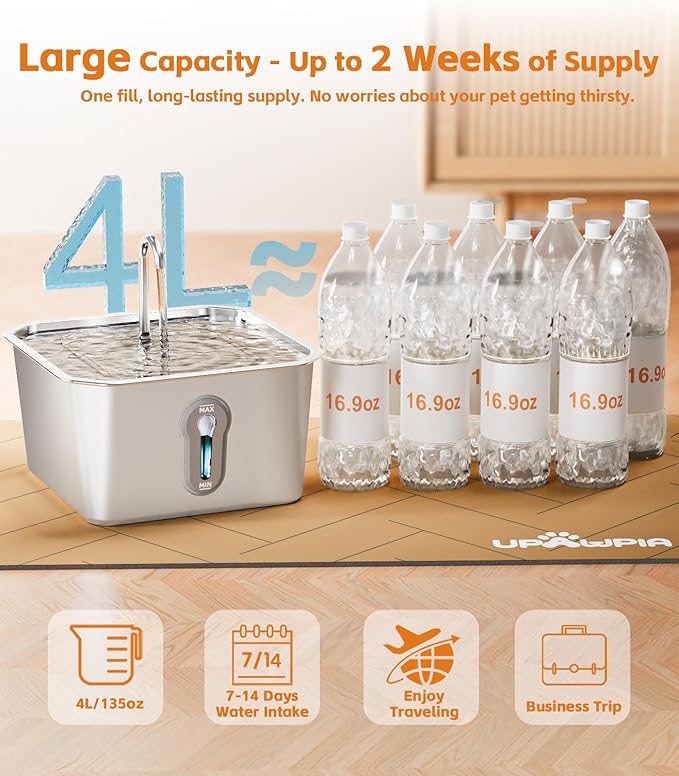Cat Water Fountain Stainless Steel 135oz/4L Pet Water Fountain for Cats Indoor Pets Dog Small Animal Automatic Dog Water Dispenser with 3 Filters 1 Sponge Quiet