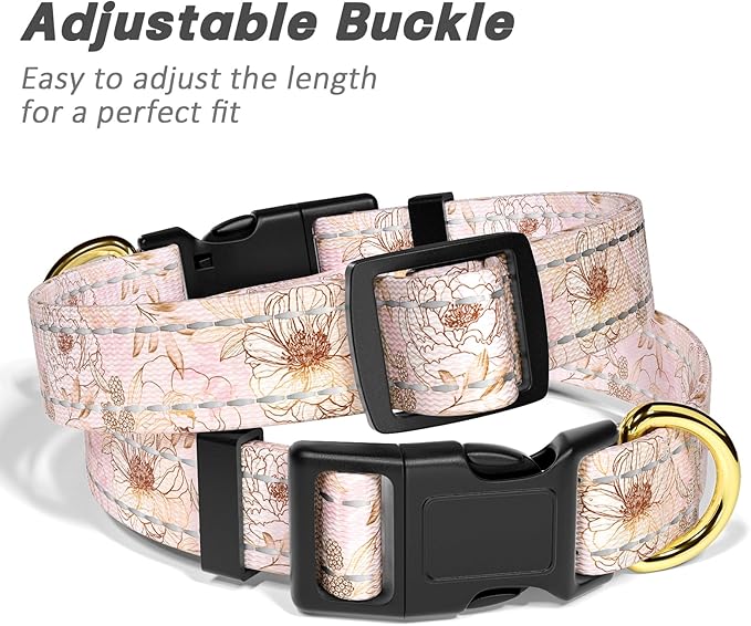 Reflective Dog Collar for Small Dogs, Cute Flower Theme Adjustable Heavy-Duty Nylon Puppy Collar for Boy and Girl Female, Soft Pet Accessories with Quick Release Buckle, Neck 10-16", Pink