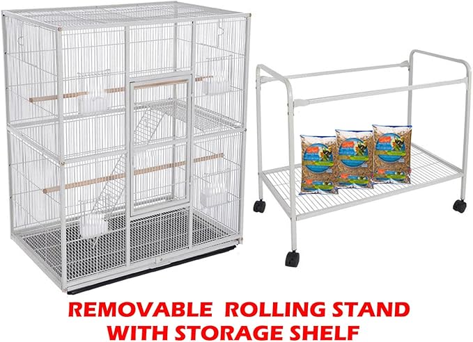 Large Double Center Divider Birdhouse Treehouse Bird Flight Parrot Breeder Cage Feeder Doors Side Breeding Nest Doors Easy Clean Pull Out Tray with Removable Rolling Stand