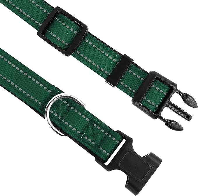 Reflective Dog Collar, Adjustable Soft Neoprene Padded Nylon Pet Collars with Buckle for Medium Dogs, Dark Green,M