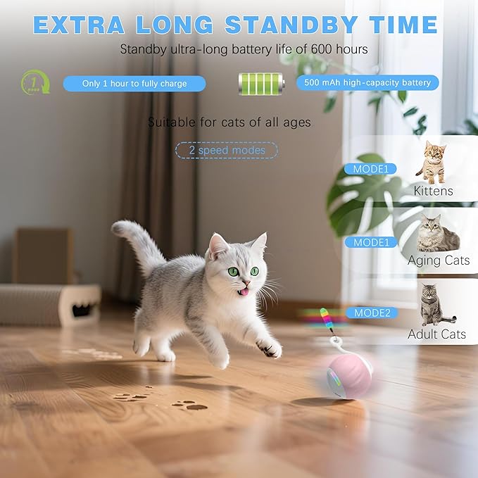 Cat Toys Interactive for Indoor Cats, Touch & Sound Smart Control - Fast slow 2 Speed Motion Activated Cat Ball Toy for Bored Cats With LED Lights, Feathers Tail, USB Charging Cable, 6in1 - Pink