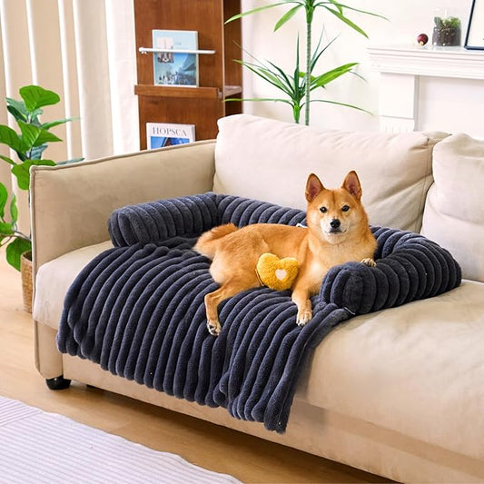 FUNNY FUZZY Pet Couch Cover for Sofa, Calming Dog Bed for Couch, Fluffy Plush Dog Couch Mat for Furniture Protector for Large Medium Small Dogs and Cats, Dark Grey